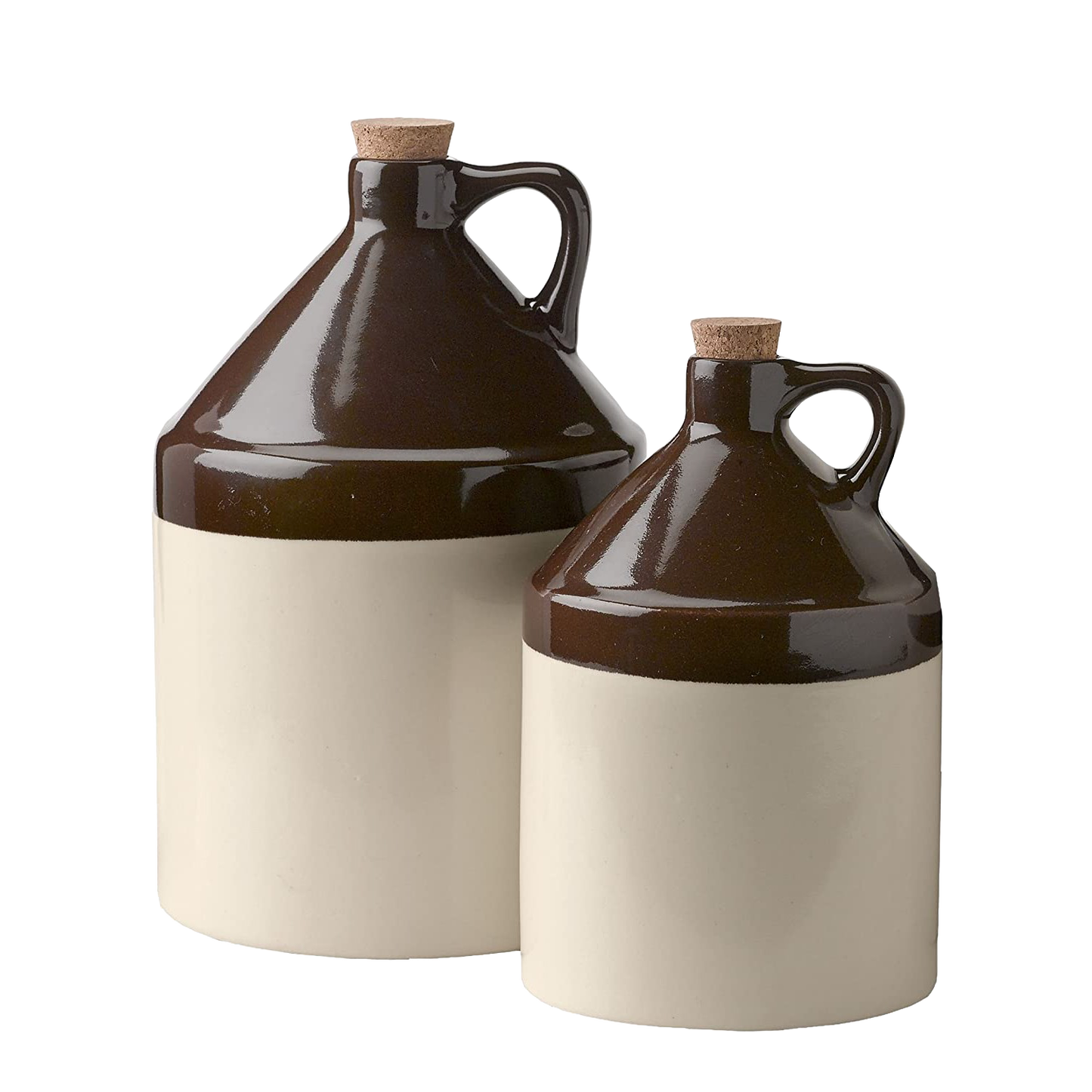 Handcrafted stoneware jug set in two sizes featuring a brown glazed top with cork stoppers and cream-colored base, made in USA, ideal for Kitchen & Food, Storage and Serving, Best Sellers, and Promo Eligible collections.