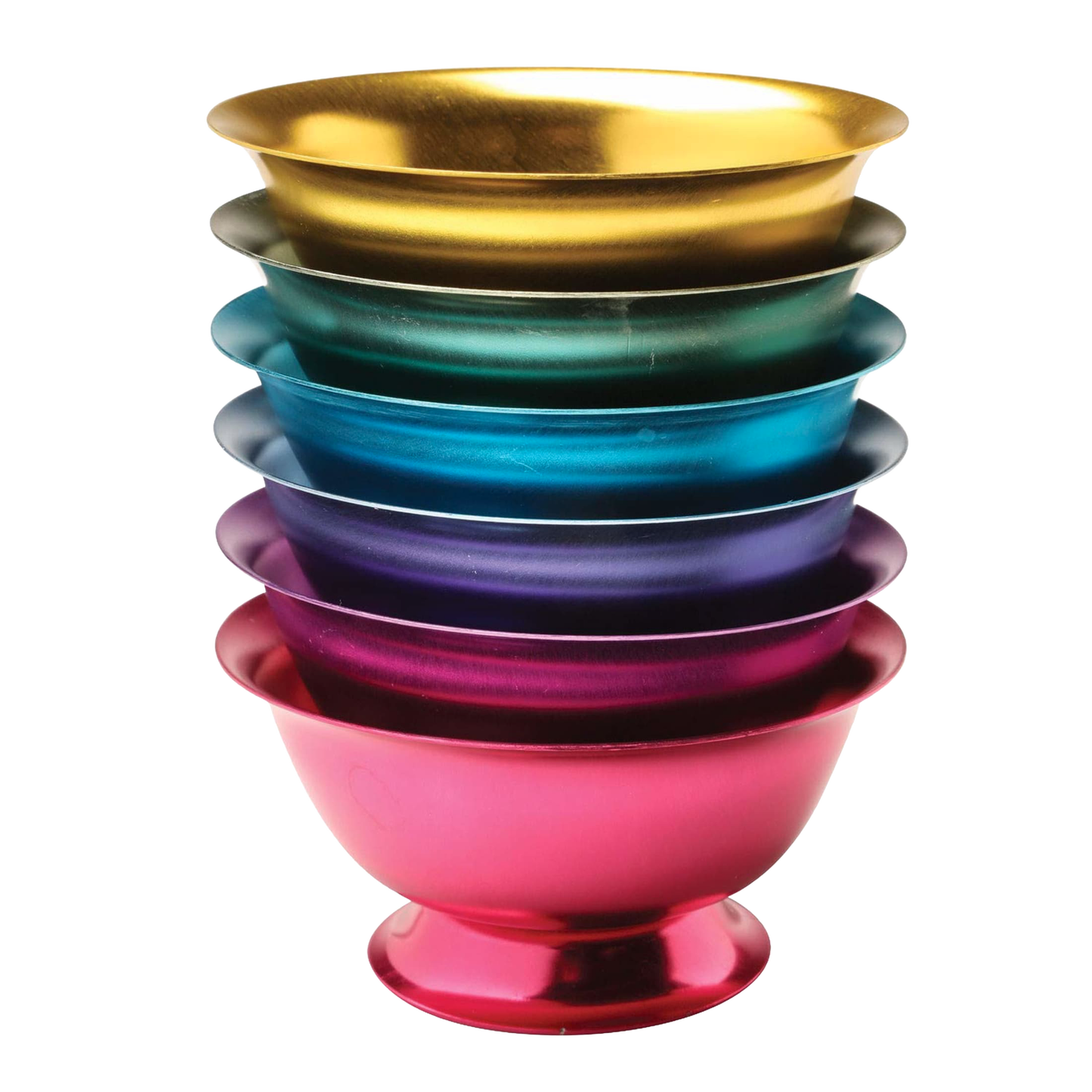 Stack of six vibrant aluminum ice cream bowls in gold, green, blue, purple, magenta, and pink, handcrafted and featured in Kitchen & Food, Dinnerware, and Specialty Equipment collections.