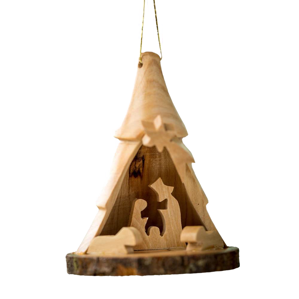 Handcrafted three-dimensional nativity scene carved from olive wood with bark base, hanging ornament ideal for Home & Decor and Holiday Decor collections.