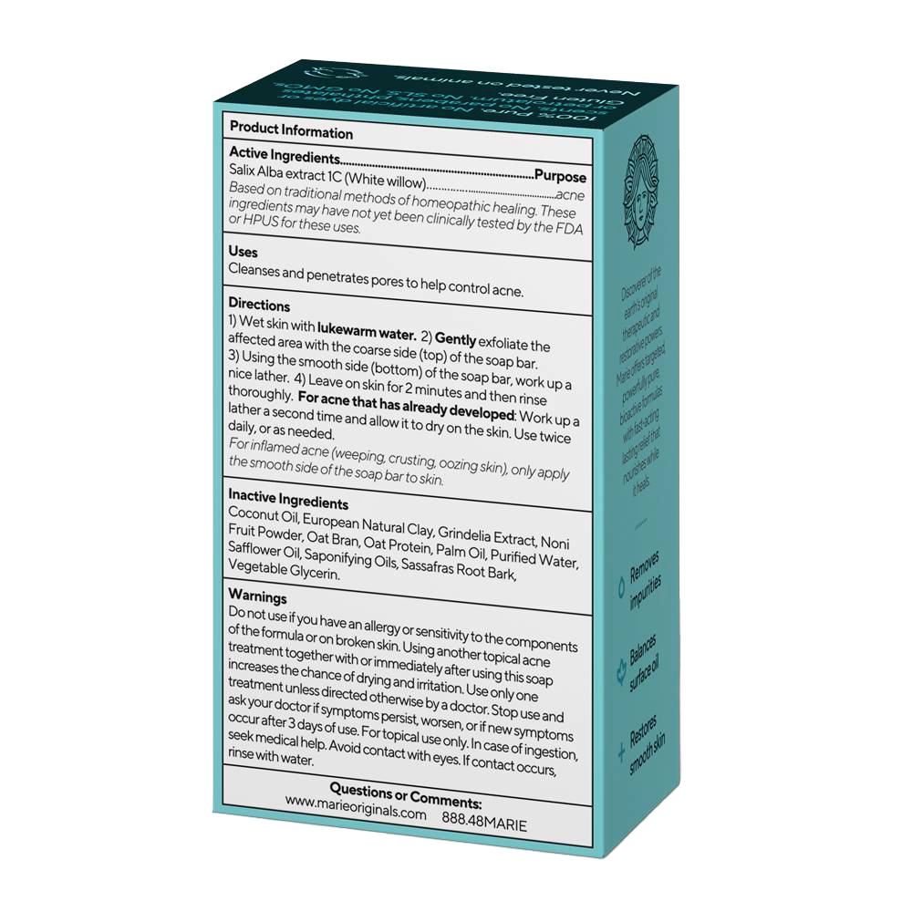 Box packaging of all-natural acne control soap highlighting active ingredients like white willow extract and instructions for use, featured in Health & Wellness and Grooming and Personal Hygiene collections.