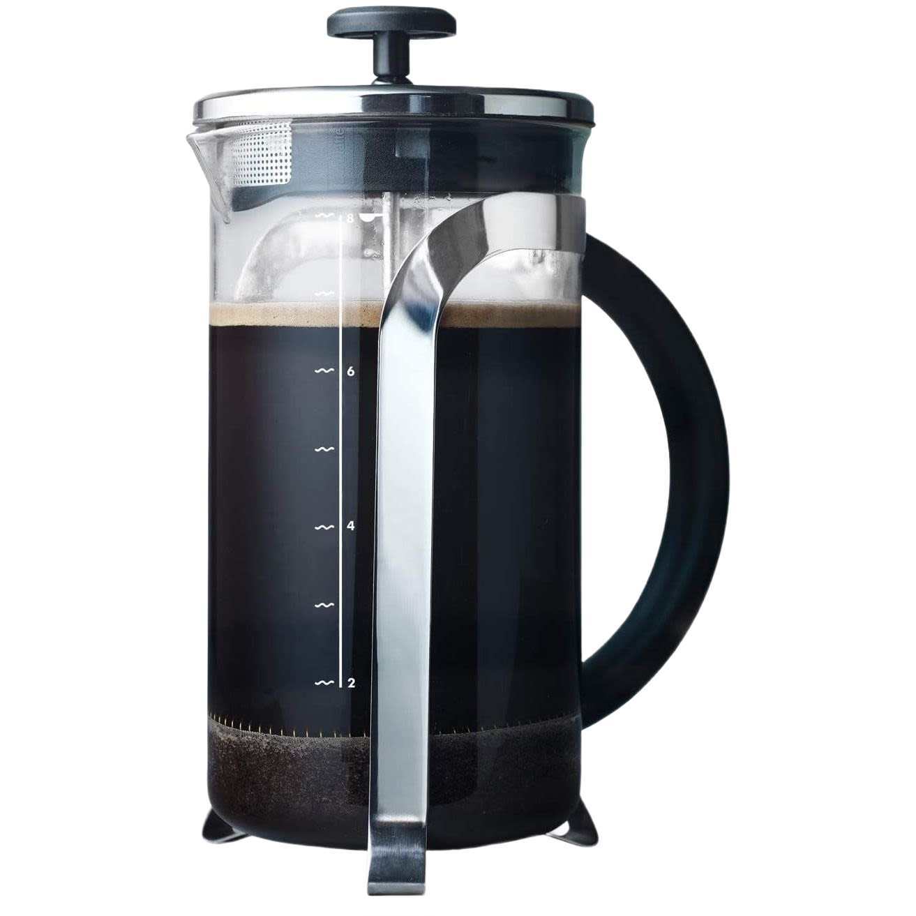 Clear glass French press coffee maker filled with dark brewed coffee, featuring a black handle and stainless steel plunger, ideal for Kitchen & Food and Brewing Coffee collections.