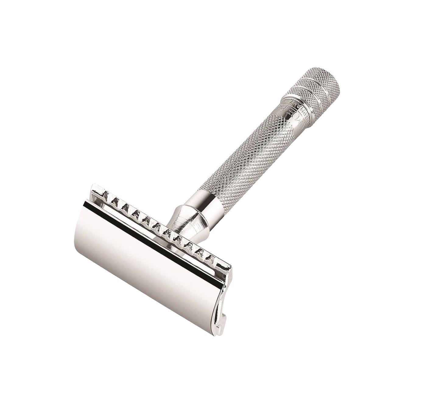Handcrafted chrome-plated safety razor with textured handle for secure grip, designed for easy blade replacement and featured in Health & Wellness, Grooming and Personal Hygiene, Best Sellers, and Promo Eligible collections.
