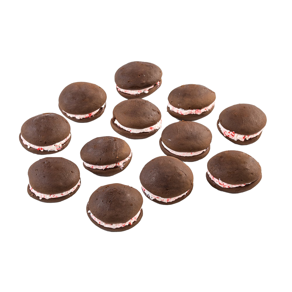 Twelve handcrafted chocolate whoopie pies with fluffy peppermint cream filling, made in the USA, perfect for Kitchen & Food, Snacks and Sweets, and Best Sellers collections.