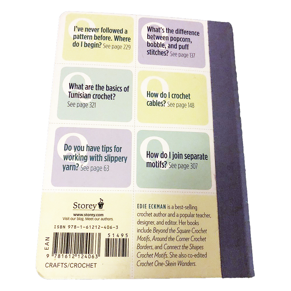 Back cover of a crocheting guidebook featuring questions and page references on patterns, stitches, cables, and yarn tips, designed for Home & Decor, Toys, Books & Games, and Sewing and Quilting collections.