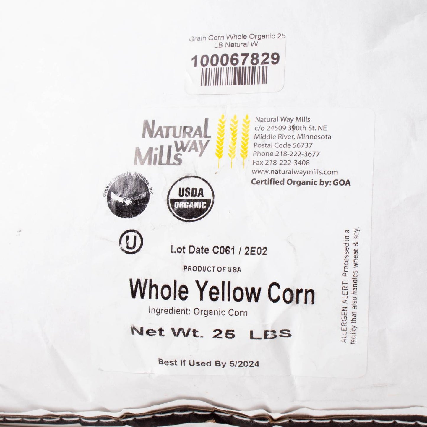 White packaging bag labeled with Natural Way Mills branding containing 25 pounds of organic whole yellow corn, made in the USA, featured in Farm, Garden & Tool and Kitchen & Food collections.