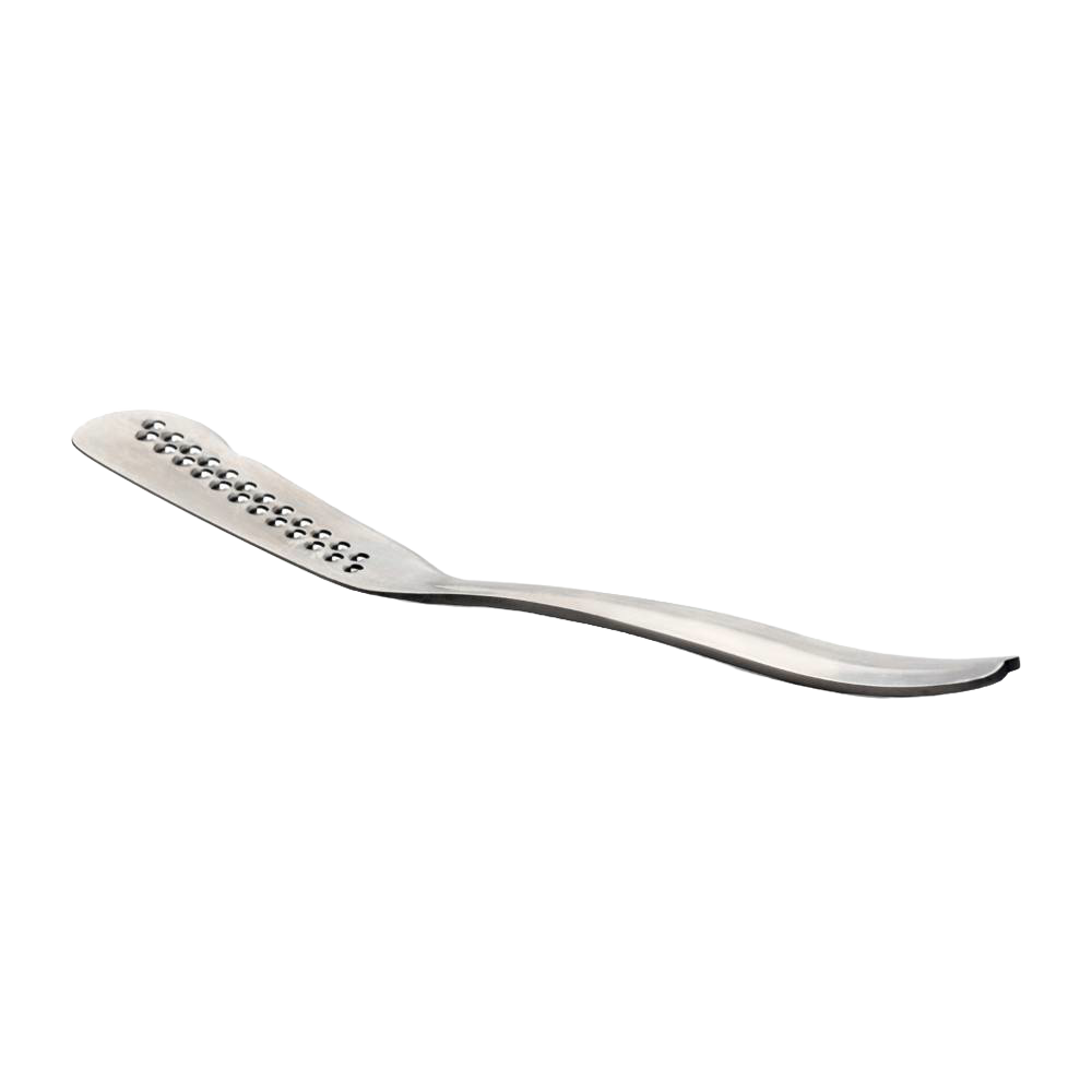 Sleek stainless steel butter shaver with ergonomic handle and perforations, designed to easily shave and spread cold butter, ideal for Kitchen & Food, Dinnerware, and Specialty Equipment collections.