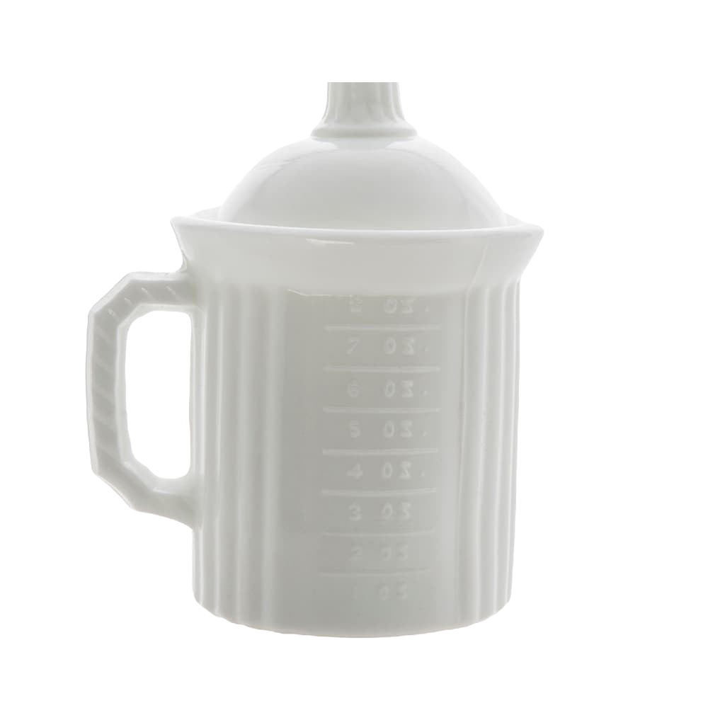 Opaque white ceramic measuring cup with handle and lid, featuring embossed measurement markings, designed for precise food preparation in kitchen and baking collections.