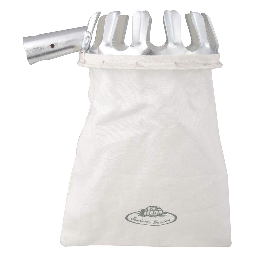 Metal fruit picking head with wide prongs attached to a durable cotton collection bag, designed for harvesting apples, pears, cherries, and plums in farm, garden, and orchard settings.