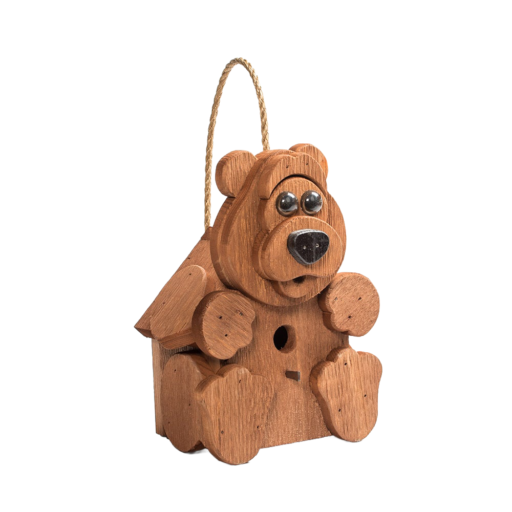 Handcrafted wooden birdhouse shaped like a friendly bear with a rope hanger, featuring a metal perch and finished with soy-base, part of Amish Made and USA Made garden accessories collections.