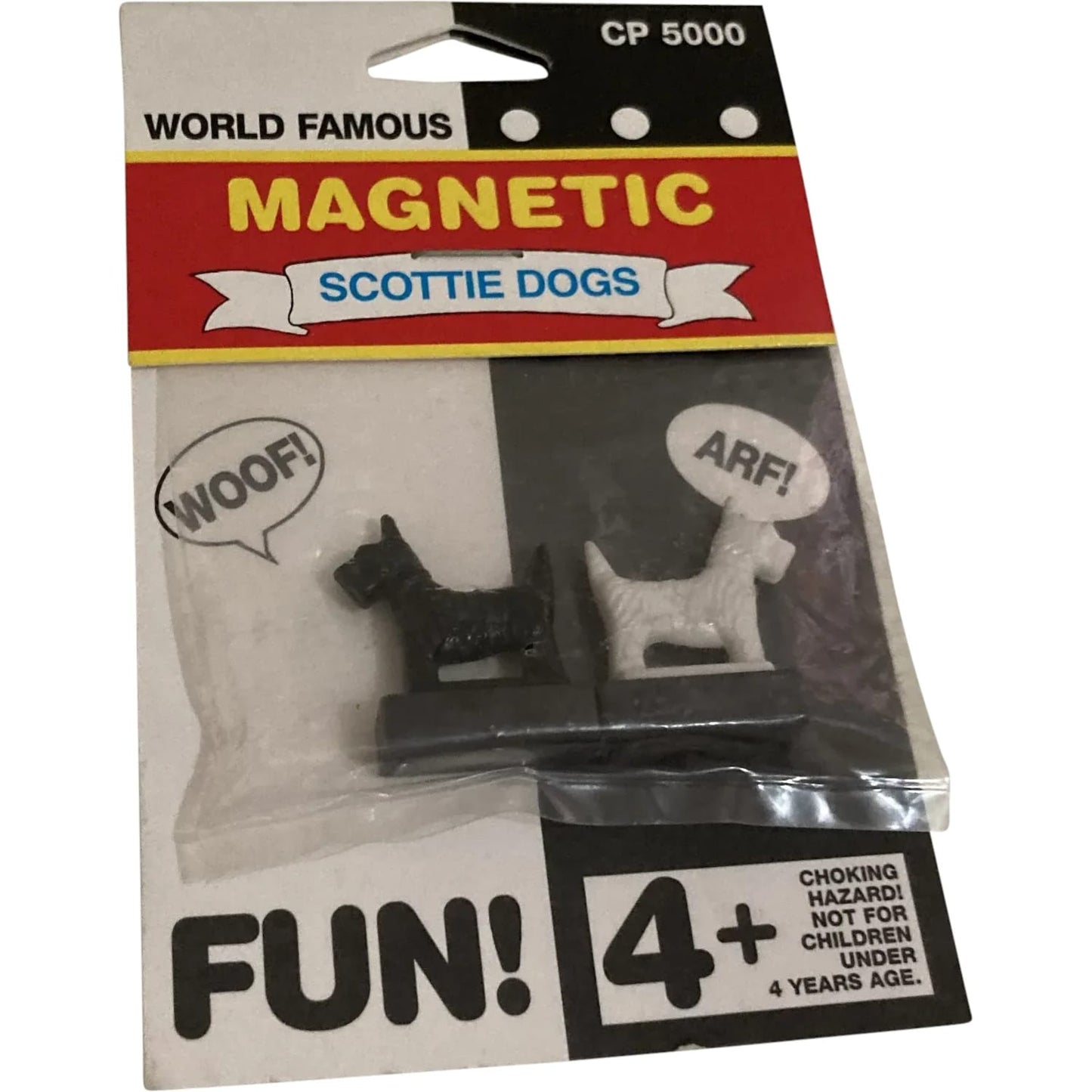 Handcrafted magnetic Scottie dog toys in black and white with speech bubbles saying "WOOF!" and "ARF!", designed for children 4 and older, ideal for indoor play and USA Made collections.