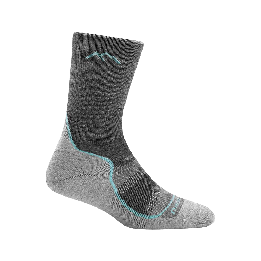 Lightweight women's micro crew hiking sock in gray tones with turquoise accents, featuring breathable mesh panels, designed for durability in Health & Wellness and Camping collections.