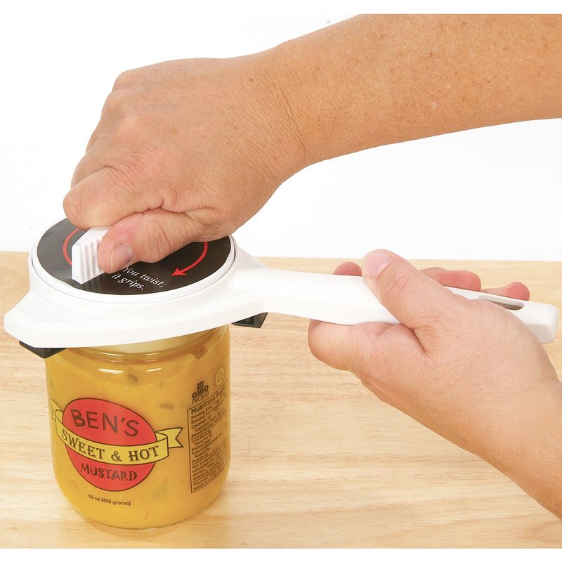 Hands using a white jar opener with a tightening knob to grip and open a mustard jar lid, perfect for Kitchen & Food, Kitchen Gadgets, Kitchen Accessories, Best Sellers, and Promo Eligible collections.
