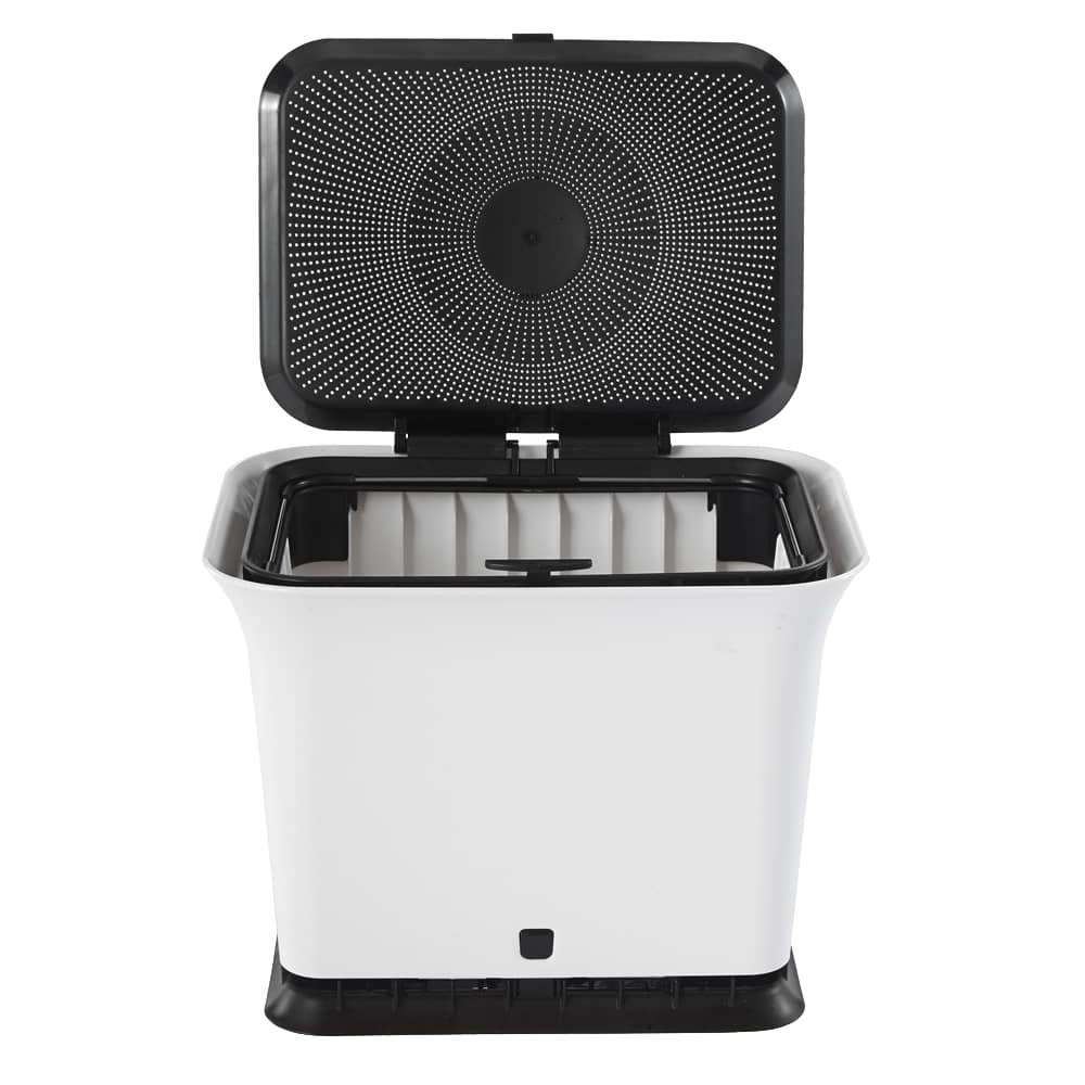 White and black odor-free compost bin with perforated lid open to show interior designed for airflow, suitable for kitchen and garden use in composting and kitchen accessories collections.