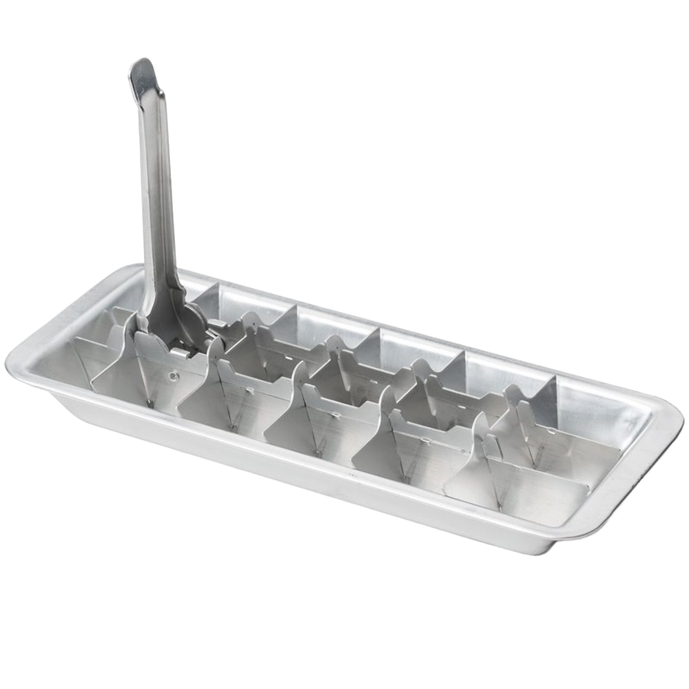 Handcrafted aluminum ice cube tray with a removable divider and lifting release handle, designed for easy ice removal and ideal for Farm, Garden & Tool, Kitchen Gadgets, and Homesteading collections.