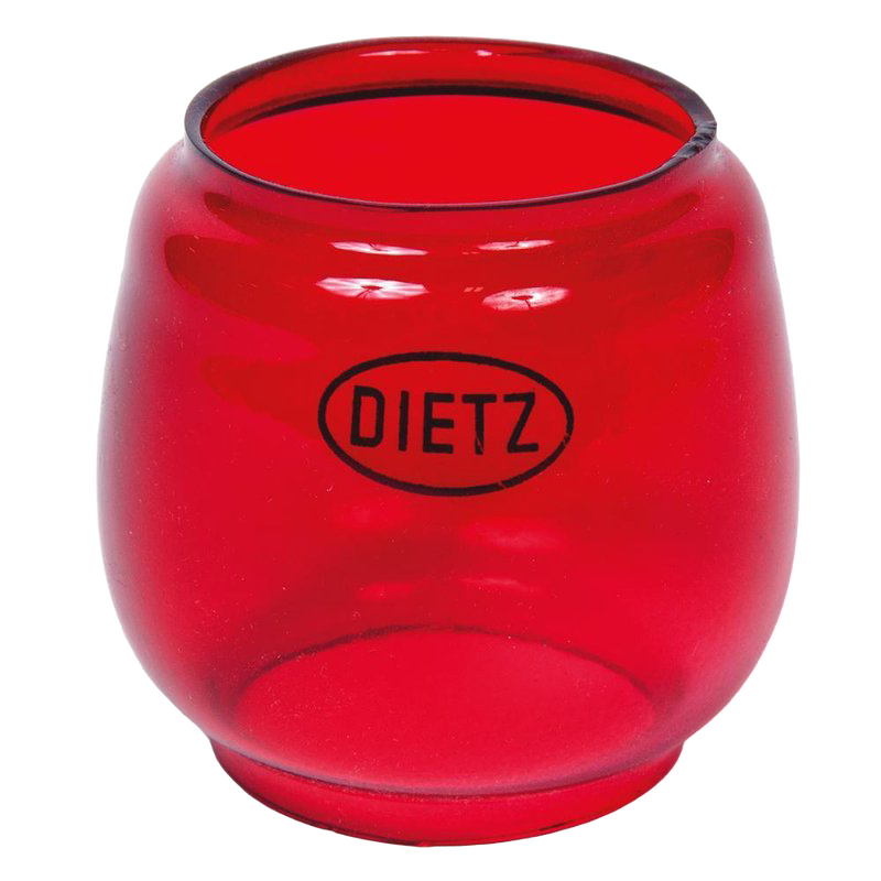 Red replacement glass globe featuring the Dietz logo, designed for lanterns, handcrafted with durable materials, suitable for camping, emergency supplies, and lighting collections.