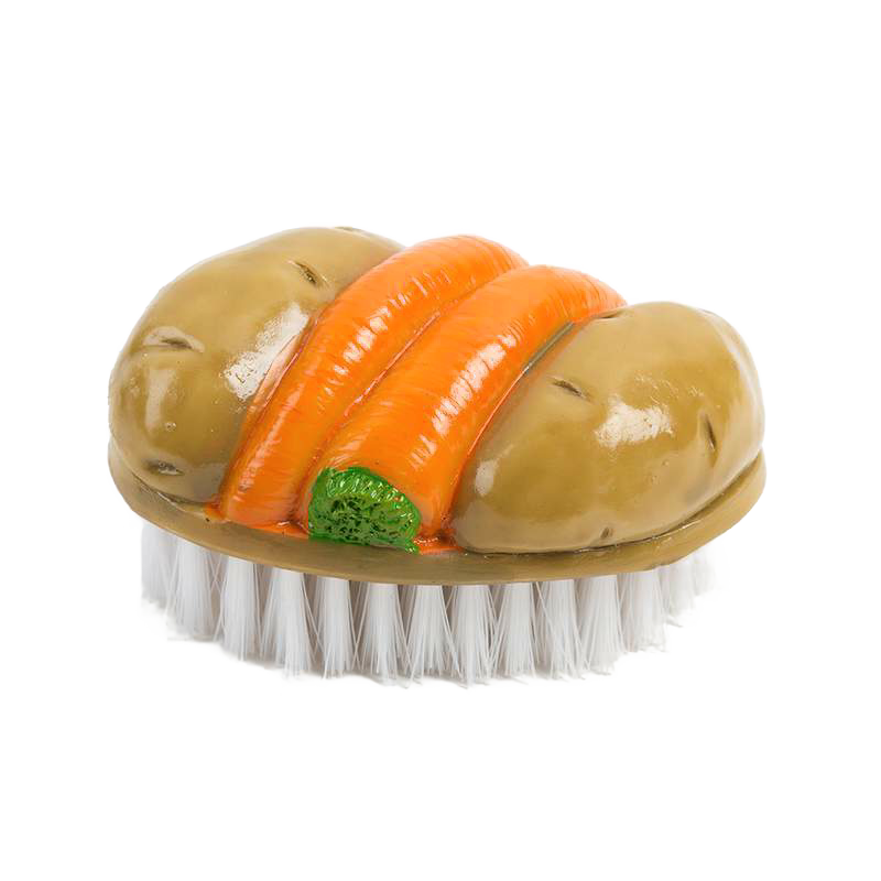 Handcrafted potato-shaped scrub brush with two raised carrots and white polypropylene bristles, designed for gentle cleaning of root vegetables, ideal for Kitchen & Food and Household Cleaning collections.