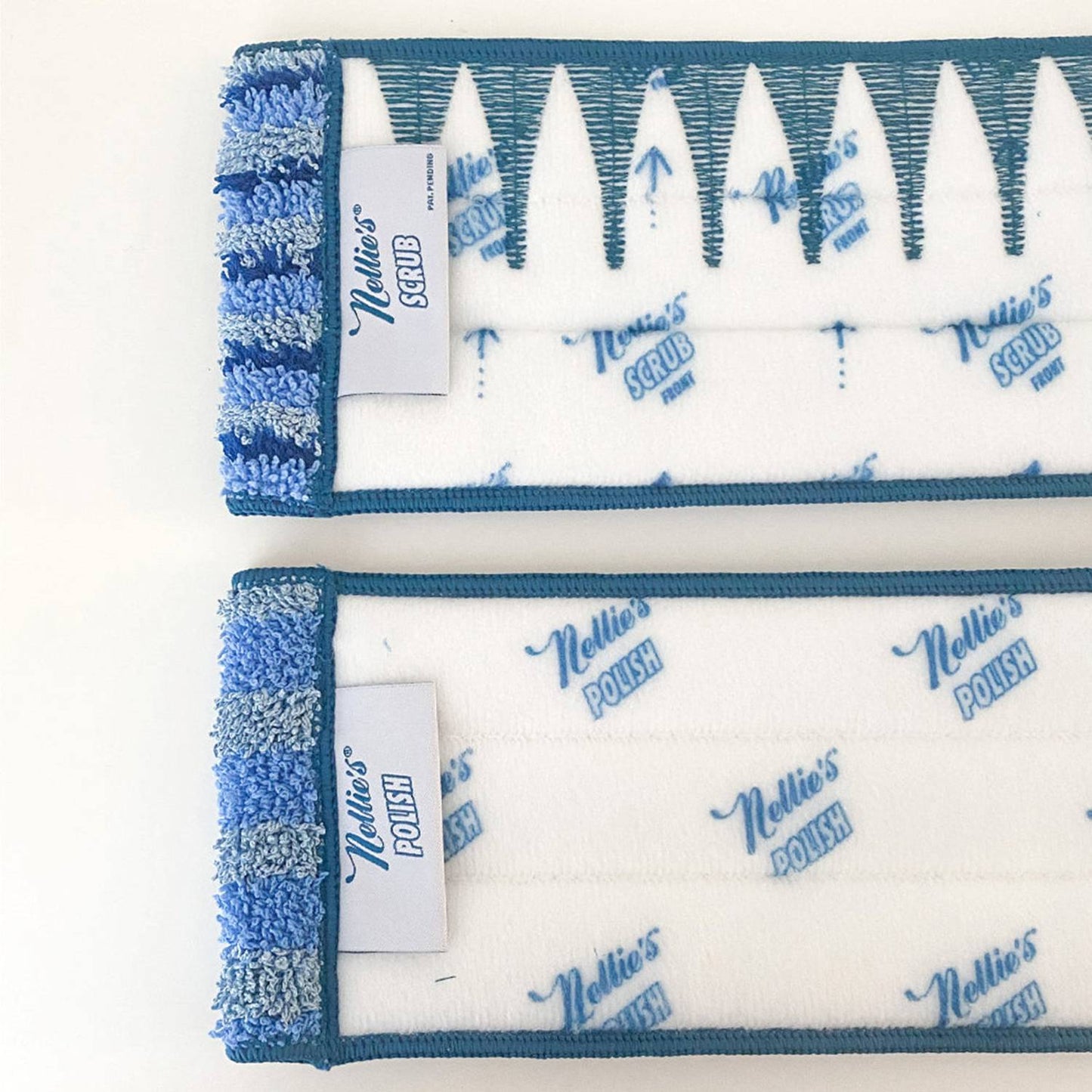 Two microfiber cleaning pads with one labeled for scrubbing and the other for polishing, featuring textured blue edges, designed for household cleaning and best sellers collections.
