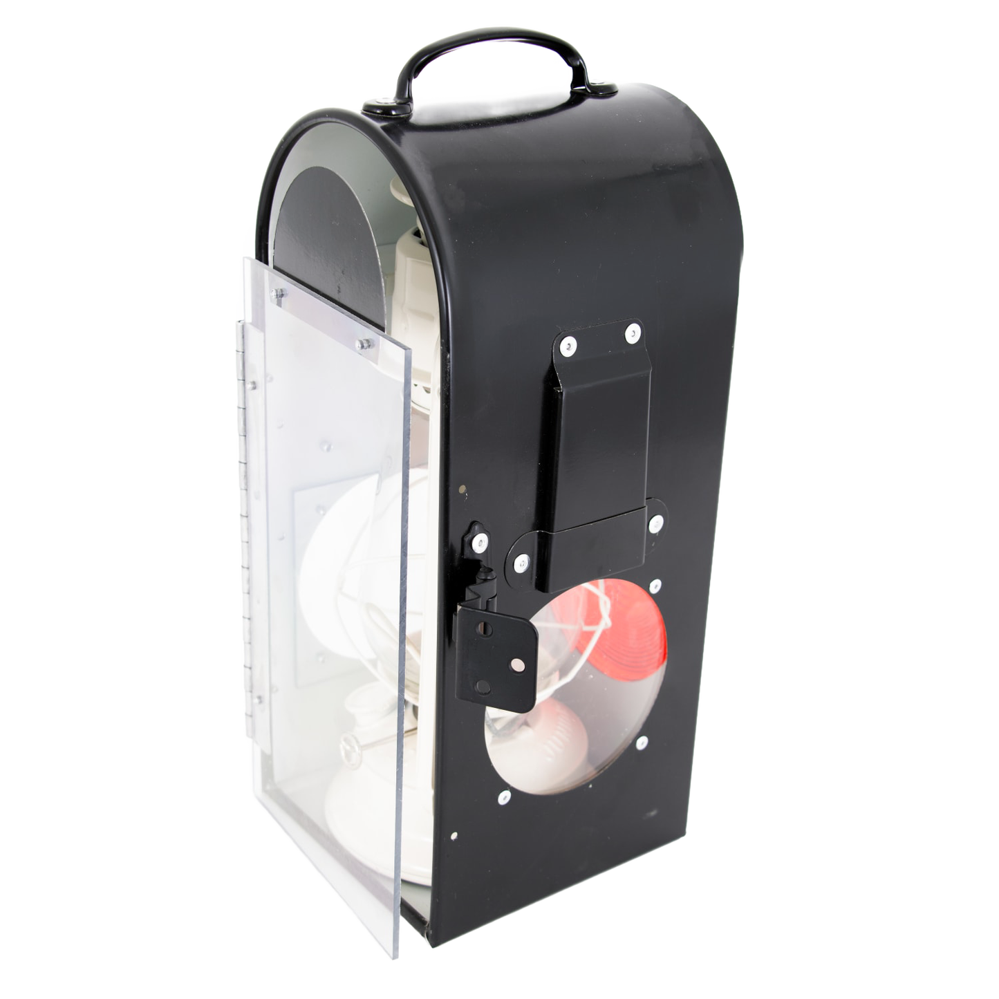 Handcrafted Amish-made black metal carriage lantern box with clear hinged door and red reflector, designed for side buggy use, ideal for camping, emergency supplies, and lamps & lighting collections.