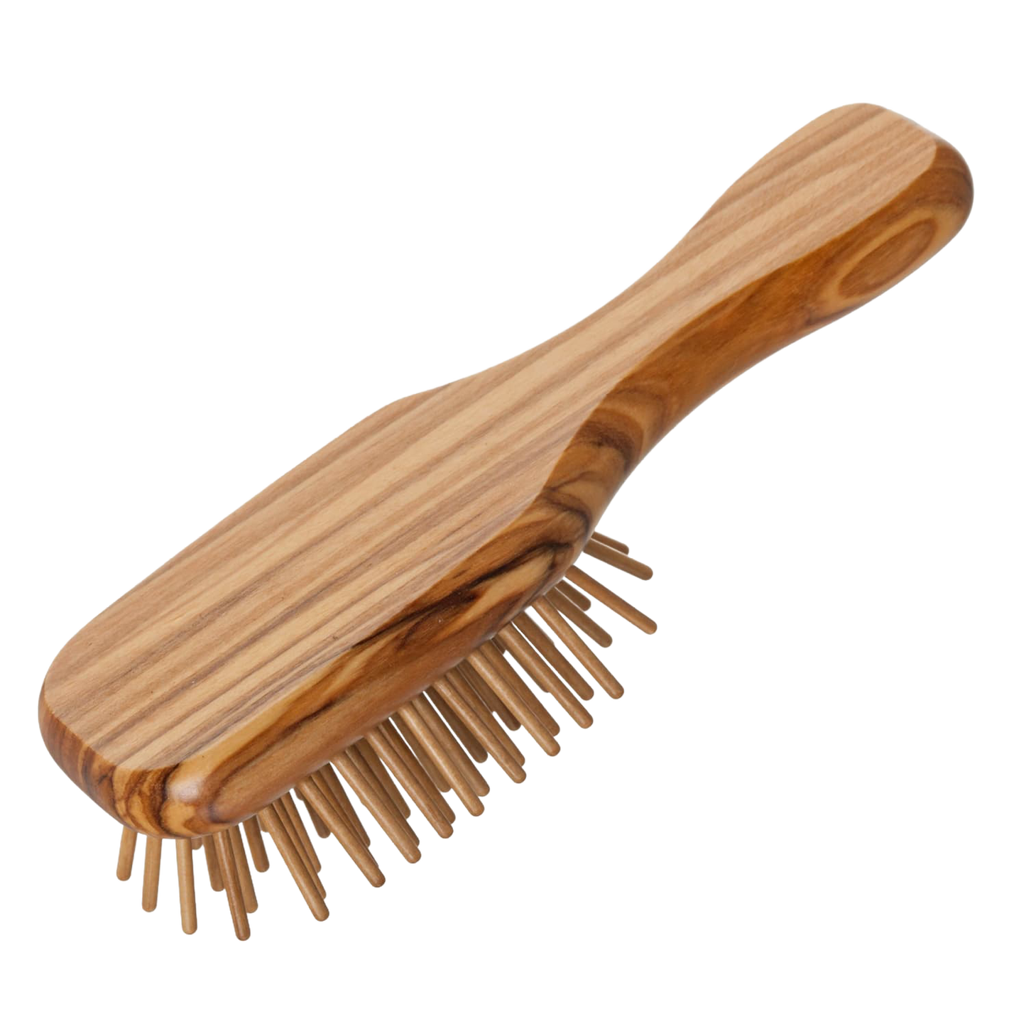 Compact hairbrush with a durable olive wood handle and seven rows of straight hornbeam pins for gentle detangling, handcrafted for Health & Wellness, Grooming, and Best Sellers collections.