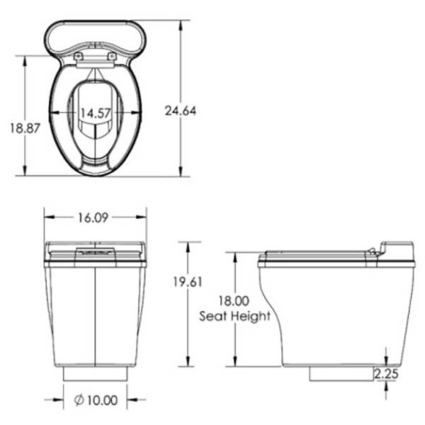 Technical drawing of a waterless elongated dry toilet fixture with detailed measurements, including seat height and bowl dimensions, designed for composting toilet systems.
