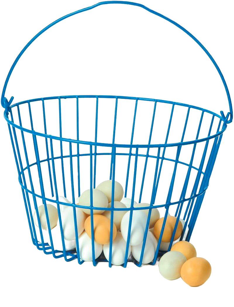 Blue coated wire basket with sturdy handle holding white and brown eggs, designed to cushion eggs and prevent rust, ideal for Farm, Garden & Tool and Animal Care collections.