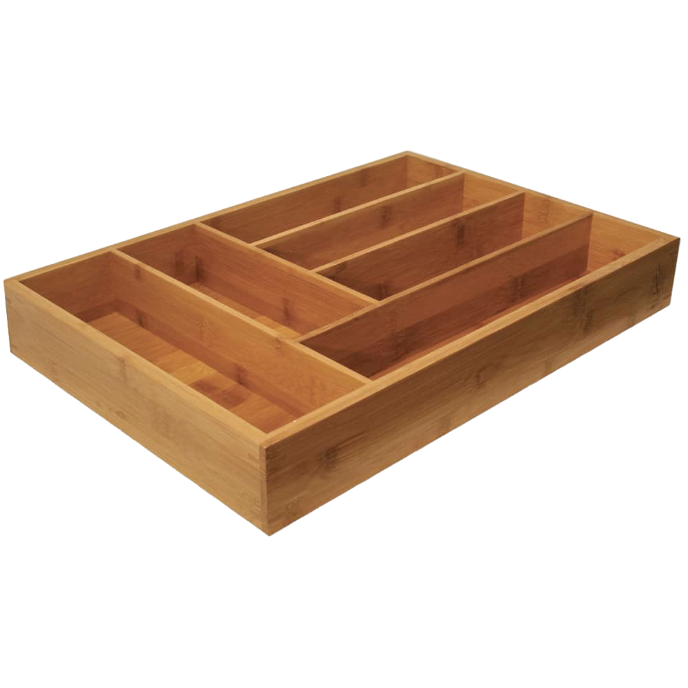 Bamboo flatware organizer with six compartments designed for kitchen drawers, combining natural wood look with practical storage in Kitchen & Food, Dinnerware, and Kitchen Accessories collections.