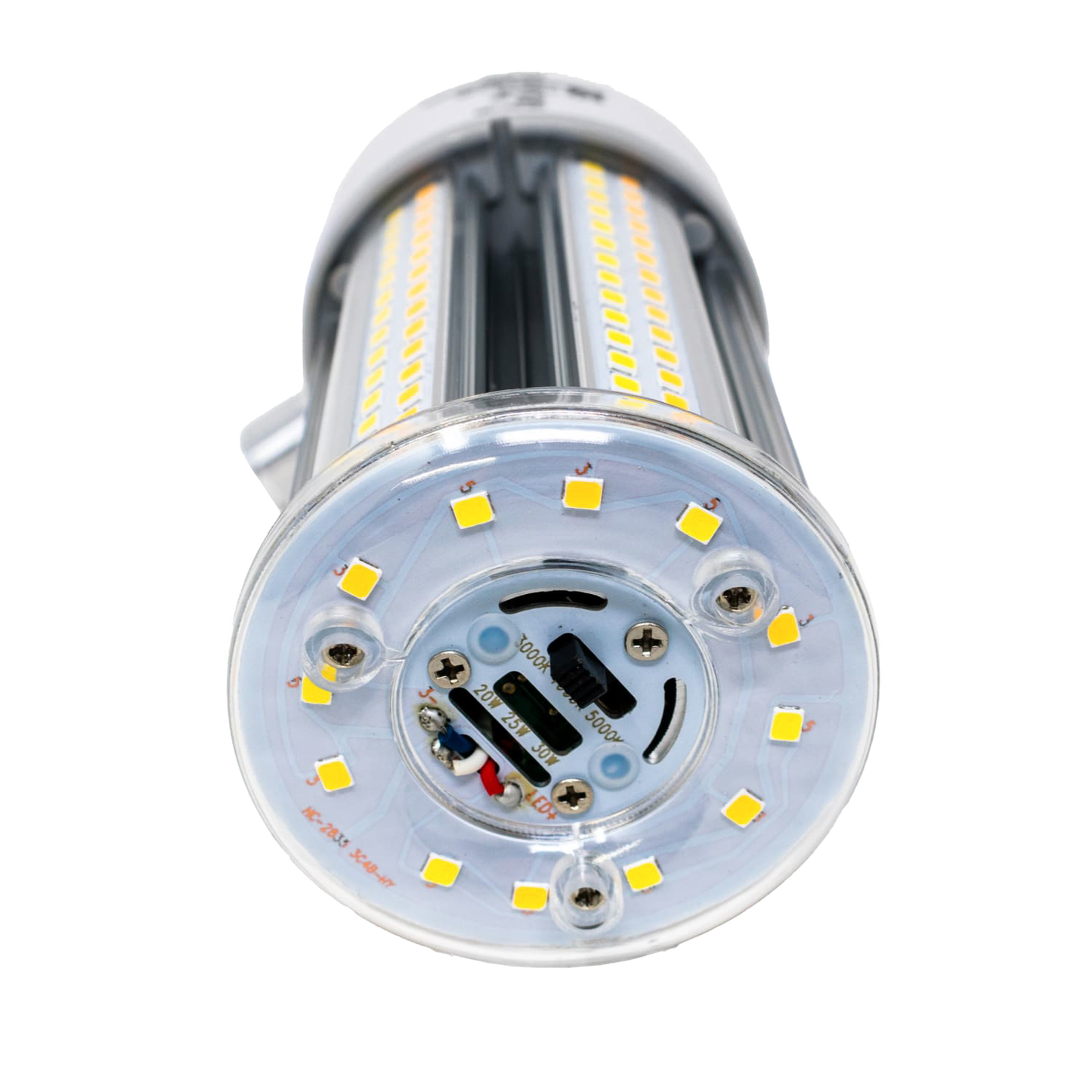 Close-up view of a dimmable 30-watt LED corn light bulb featuring multiple yellow LED chips on a clear cylindrical housing, ideal for Lamps & Lighting, Battery, Solar, LED, and Best Sellers collections.