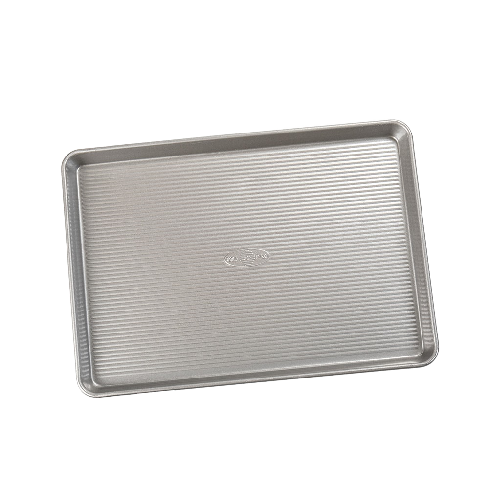 Durable aluminized steel half sheet pan with ribbed surface for even heat distribution, ideal for baking cakes, jelly rolls, and roasting vegetables, part of Kitchen & Food and USA Made collections.