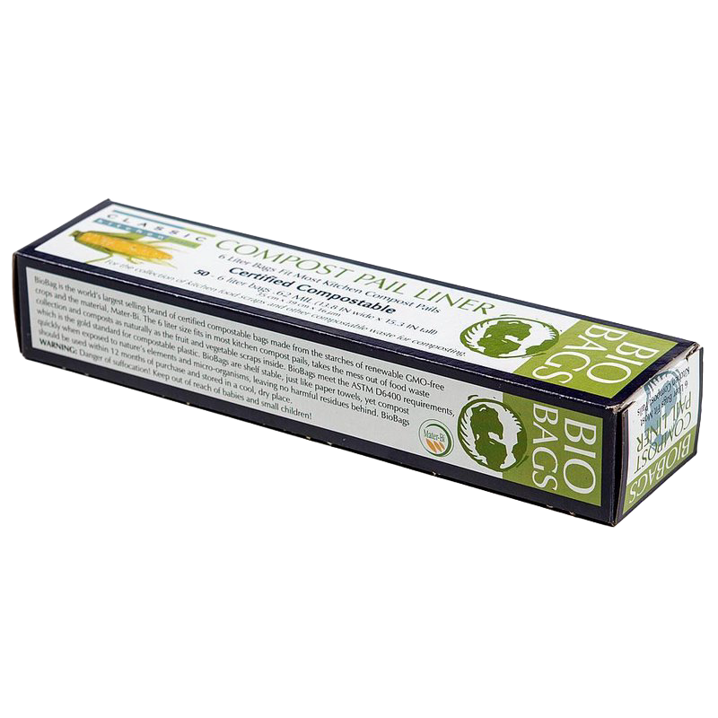 Box of compost pail bags made from renewable non-GMO starches, certified compostable and designed for clean disposal, featured in Farm, Garden & Tool and Composting collections.