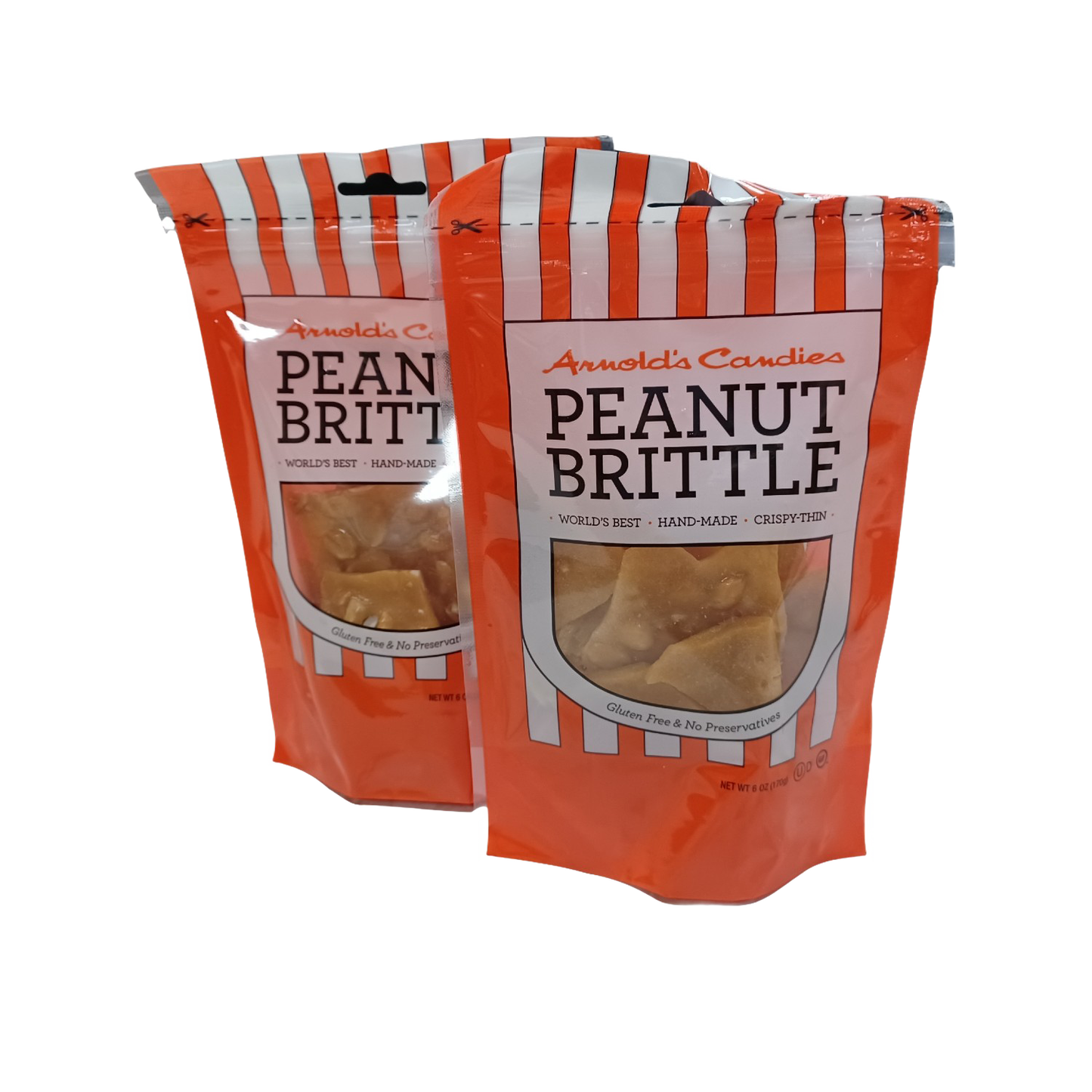 Two resealable orange and white striped bags of handmade peanut brittle featuring gluten-free and preservative-free labels, perfect for Kitchen & Food and USA Made collections.