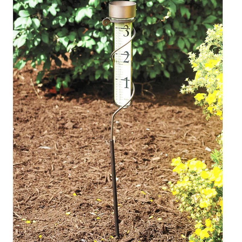 Anodized aluminum spiral rain gauge with bronze patina finish, featuring large magnified numbers on the glass vial, ideal for outdoor use in Farm, Garden & Tool and Garden Accessories collections.