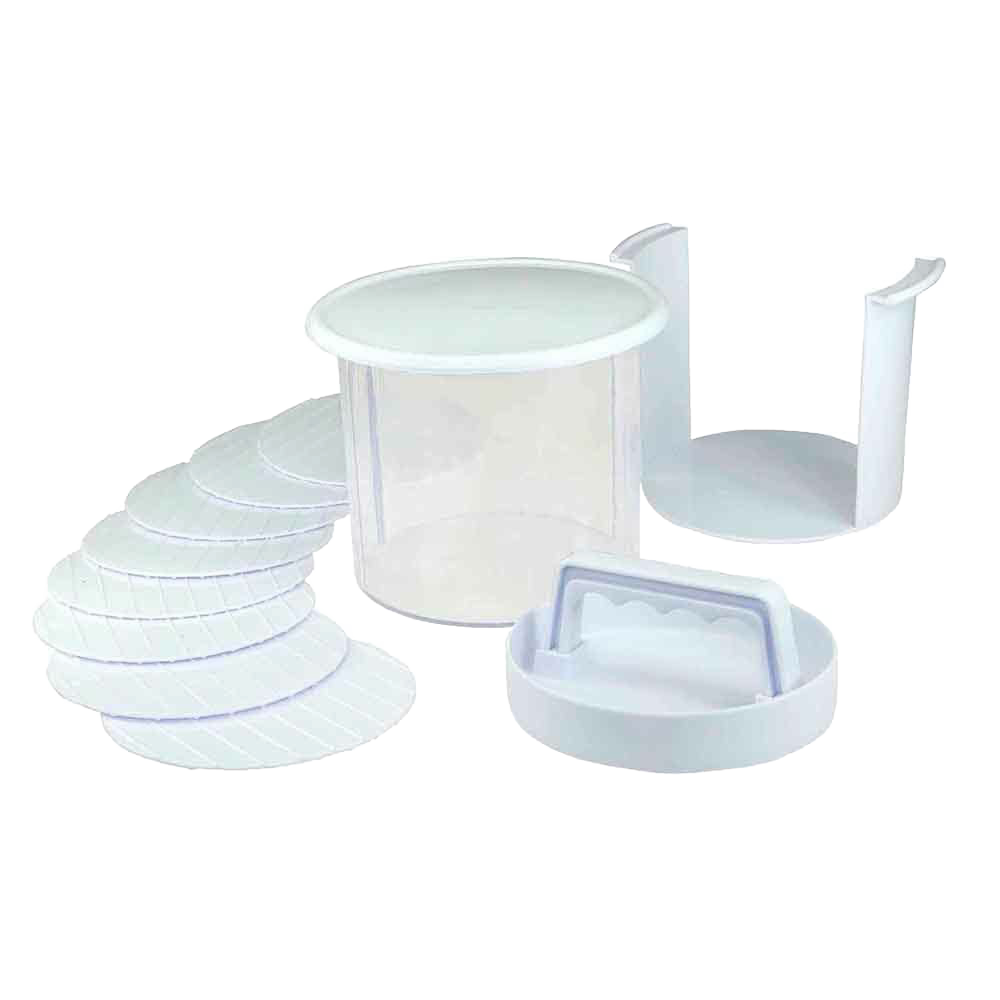 Plastic burger press and storage set featuring multiple discs, a storage container with lid, and a quick release insert, ideal for prepping burgers ahead in Farm, Garden & Tool, Camping, and Grilling collections.