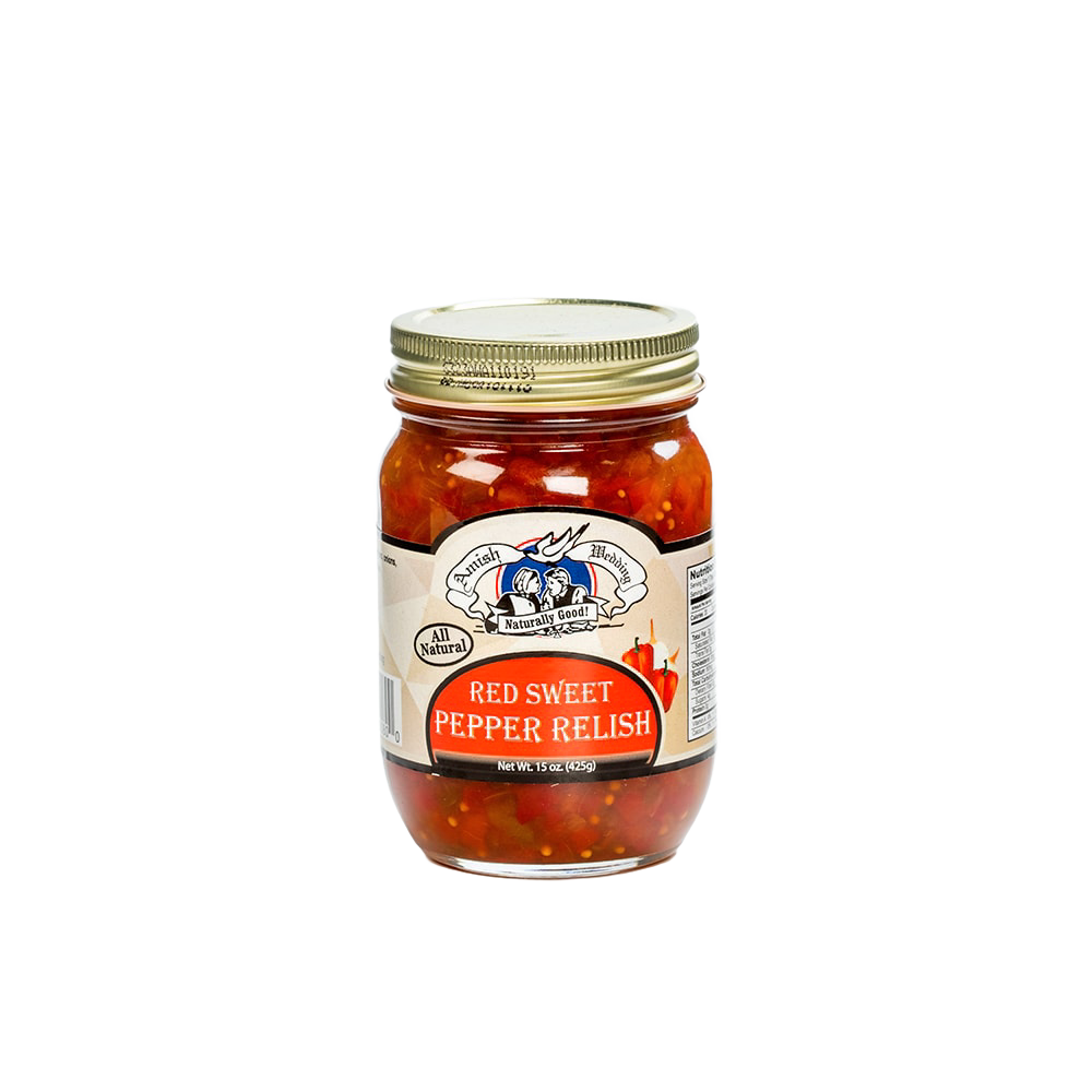 Glass jar of handcrafted red sweet pepper relish with a gold metal lid, made in USA, featured in Kitchen & Food, Pantry, Best Sellers, and USA Made collections.