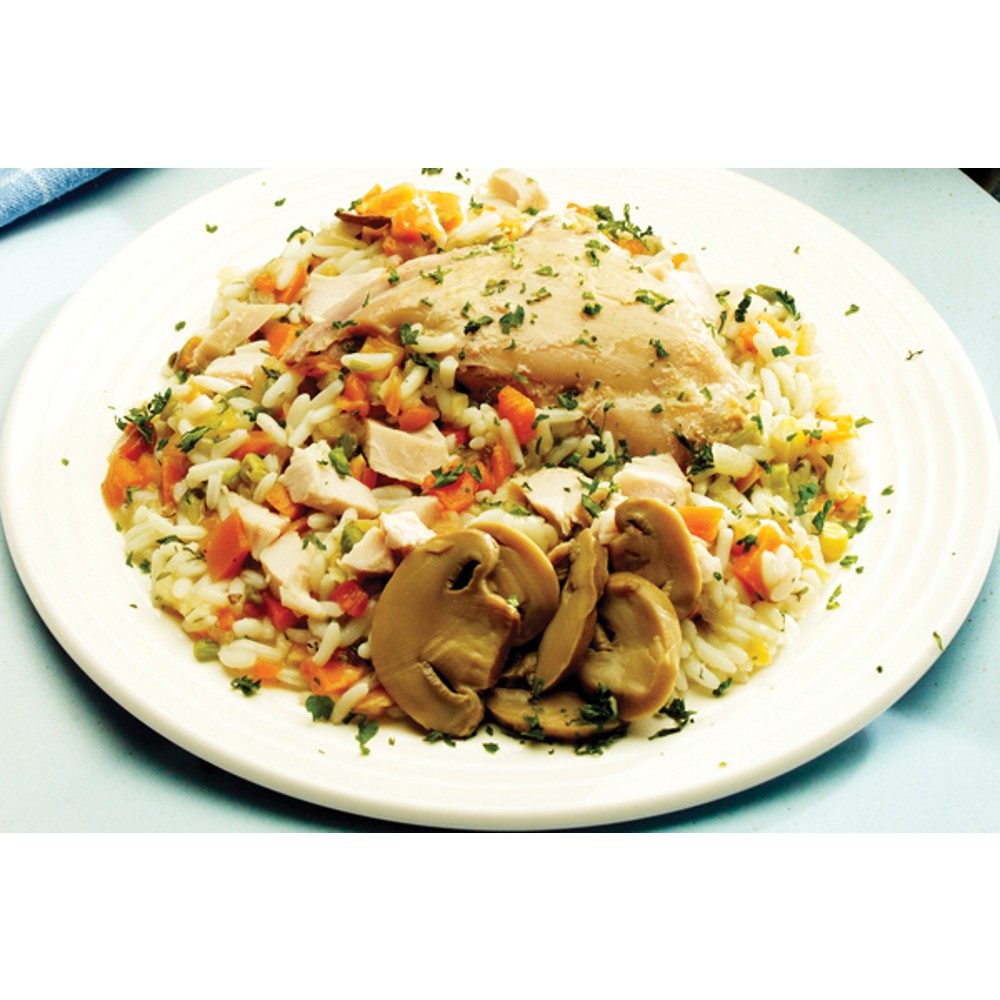 Plate of slow cooker chicken and rice with diced carrots, mushrooms, herbs, and vegetables, showcasing a wholesome, handcrafted gluten-free meal from USA made Kitchen & Food collections.