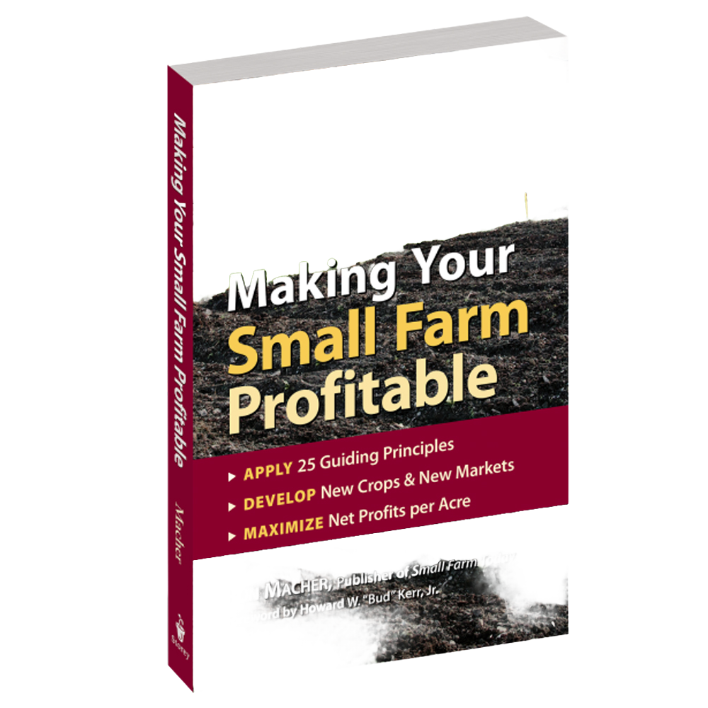 Softcover book titled "Making Your Small Farm Profitable" with a soil background and bullet points on guiding principles, crops, and profit maximization, featured in Toys, Books & Games, Farm and Livestock Books, and Best Sellers collections.