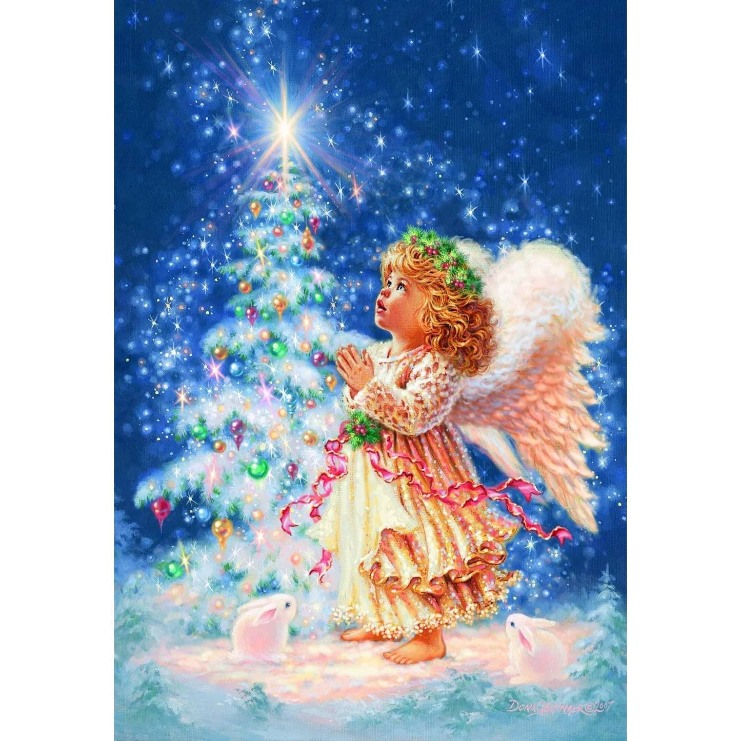 Illustration of a curly-haired angel child in a layered, festive dress with soft wings, standing barefoot in snow near glowing rabbits and a sparkling Christmas tree under a bright star, featured in USA Made and Children's Toys collections.