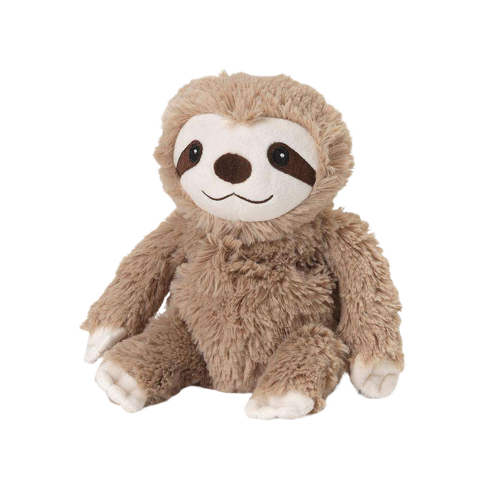 Soft and cuddly light brown plush sloth with dark brown facial markings, microwaveable and weighted for soothing warmth, ideal for Health & Wellness, Children's Toys, and Indoor Play collections.