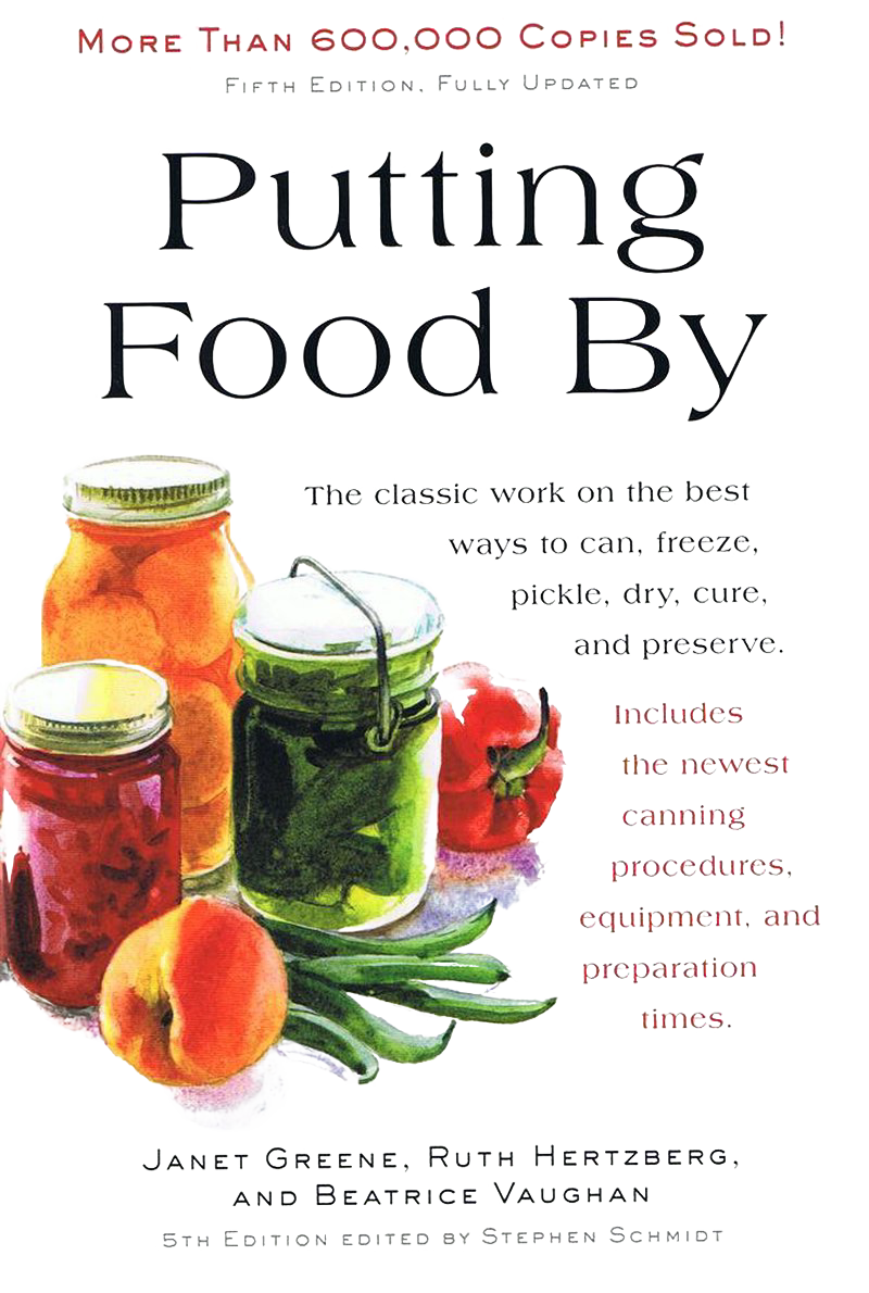 Cover illustration featuring three glass jars filled with preserved fruits and vegetables alongside fresh produce, representing traditional canning and preserving methods for home and garden enthusiasts.