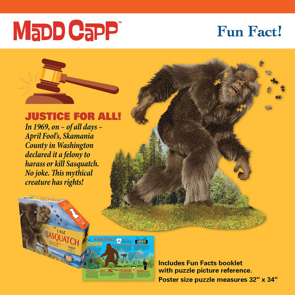 Illustration of a Sasquatch figure standing on grass with puzzle pieces falling away, accompanied by a fun fact about its legal protection, featured in Toys, Books & Games and Children's Toys collections.