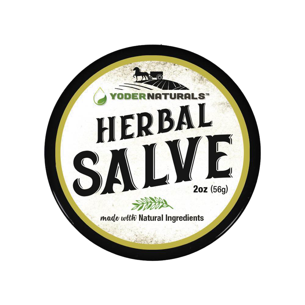 Round metal tin with a rustic label for Yoder's Herbal Salve, a handcrafted balm made in USA with natural ingredients, ideal for Health & Wellness and Healing Remedies collections.
