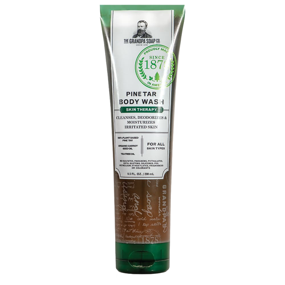 Tube of pine tar body wash with green and white labeling, promoting skin therapy benefits, made in the USA, part of Health & Wellness and Grooming and Personal Hygiene collections.