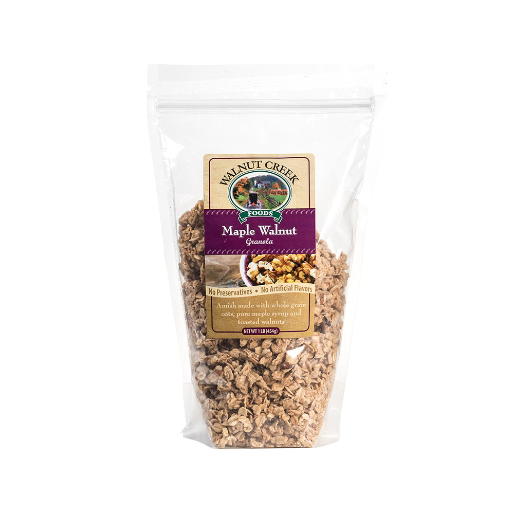 Clear resealable bag of handcrafted Amish-made granola with whole grain oats, maple syrup, and toasted walnuts, made in USA for Kitchen & Food, Snacks and Sweets, and Dry Goods collections.