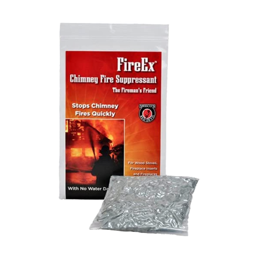 FireEx chimney fire suppressant pouch with protective packaging, designed to quickly stop chimney fires without water damage, featured in Stoves and Hearth Accessories collections.