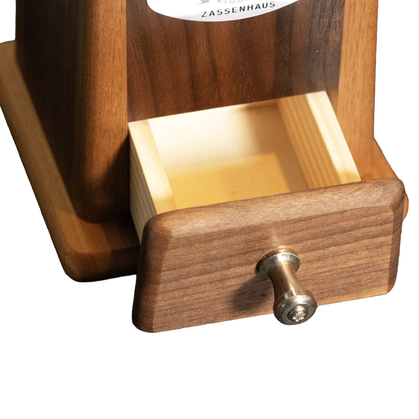 Handcrafted walnut wood coffee grinder drawer with metal knob, designed for consistent grinding, ideal for Farm, Garden & Tool, Kitchen & Food, Brewing Coffee and Tea, and Best Sellers collections.