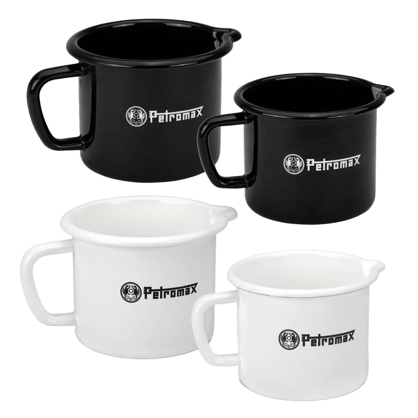 Set of black and white enamel steel milk pots with durable handles and pour spouts, handcrafted for lightweight, reliable use in Farm, Garden & Tool, Kitchen & Food, Camping, Cookware, Pots and Pans, Best Sellers, and Promo Eligible collections.