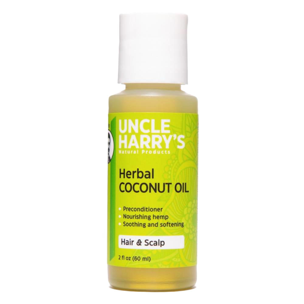 Handcrafted 2 oz bottle of herbal coconut oil infused with nourishing hemp, designed for hair and scalp moisture and softness, made in USA, featured in Health & Wellness and Grooming collections.