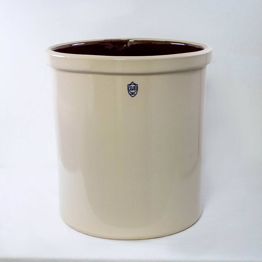 Large beige stoneware crock with a smooth glazed interior and a small blue "10" marking on the front, ideal for food preservation and fermenting in Kitchen & Food collections.