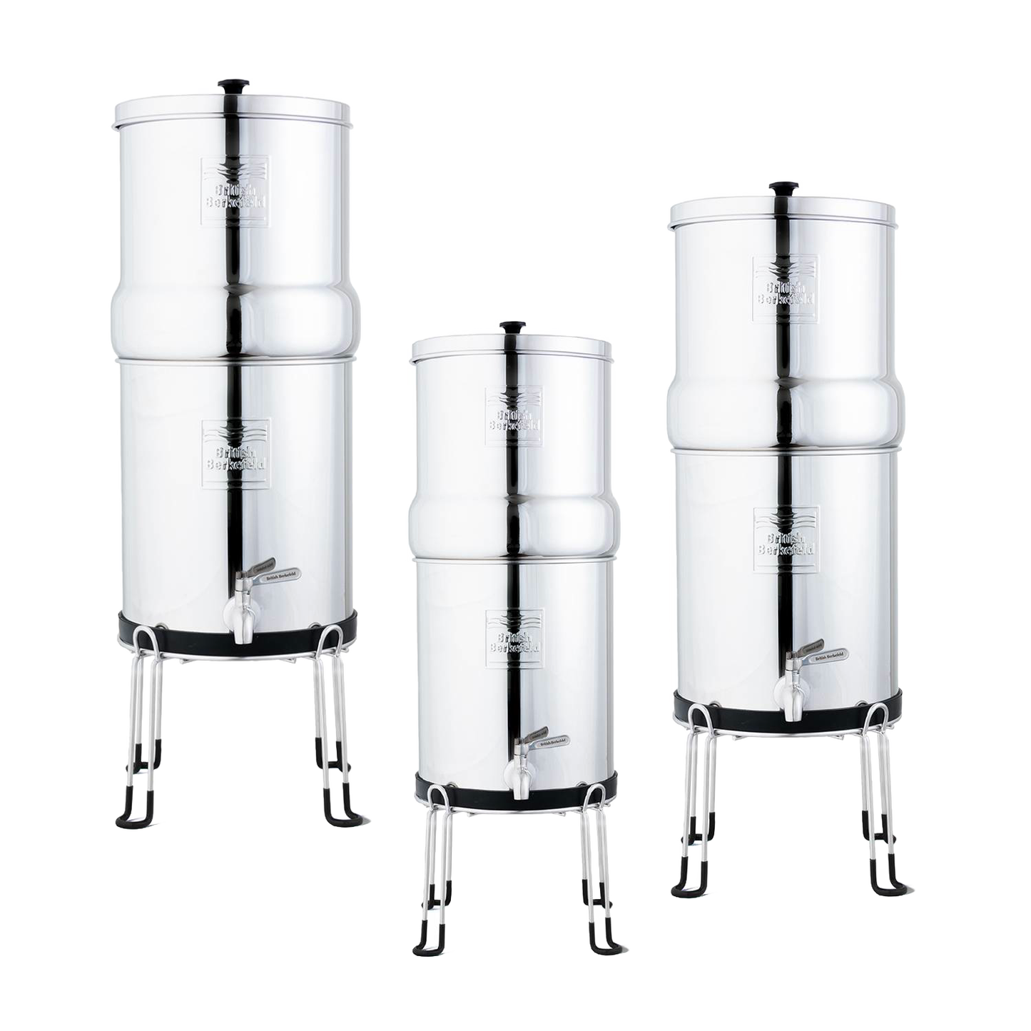Three polished stainless steel gravity water filters elevated on handcrafted sturdy stands with protective feet, designed for easy dispensing, featured in Appliances and Emergency Supplies collections.