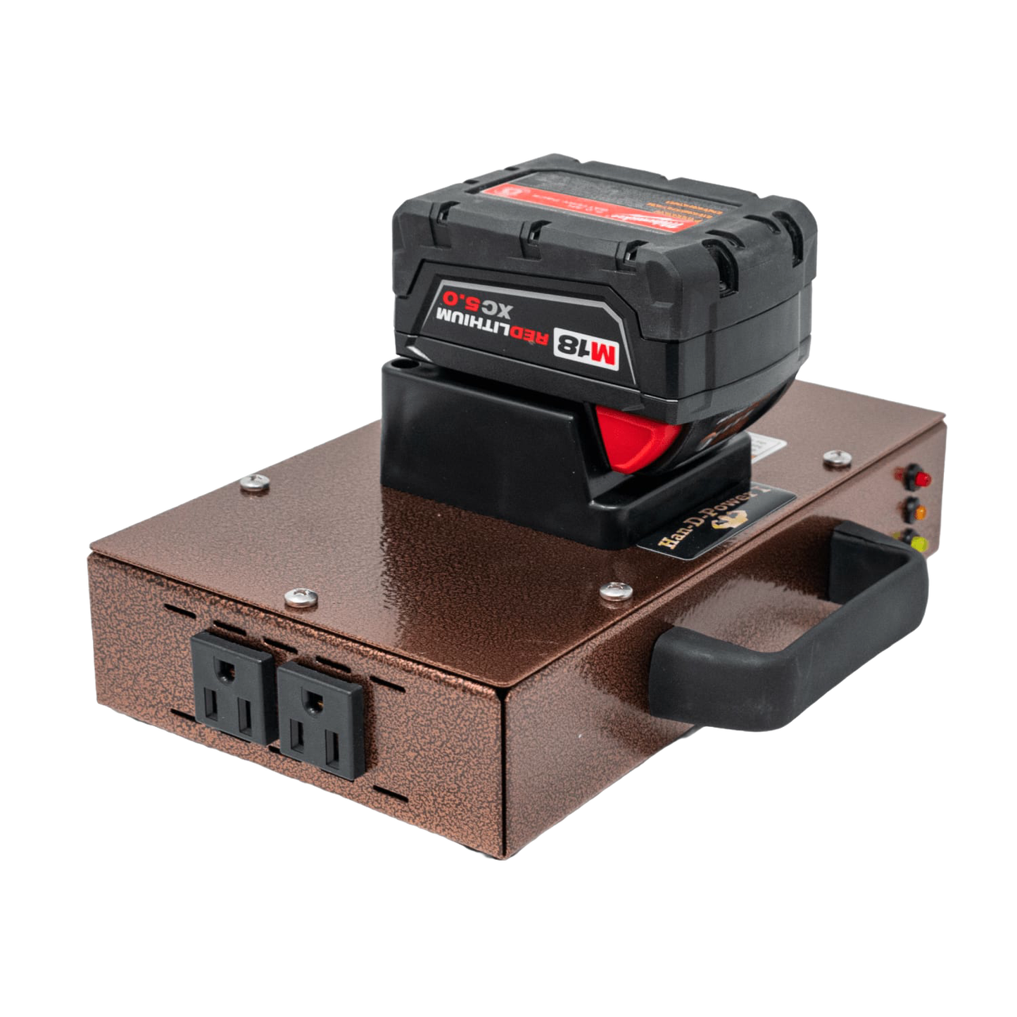 Compact portable power inverter with textured brown metal casing, black handle, and dual AC outlets, compatible with Milwaukee/DeWalt batteries, ideal for Farm, Garden & Tool and Emergency Supplies collections.