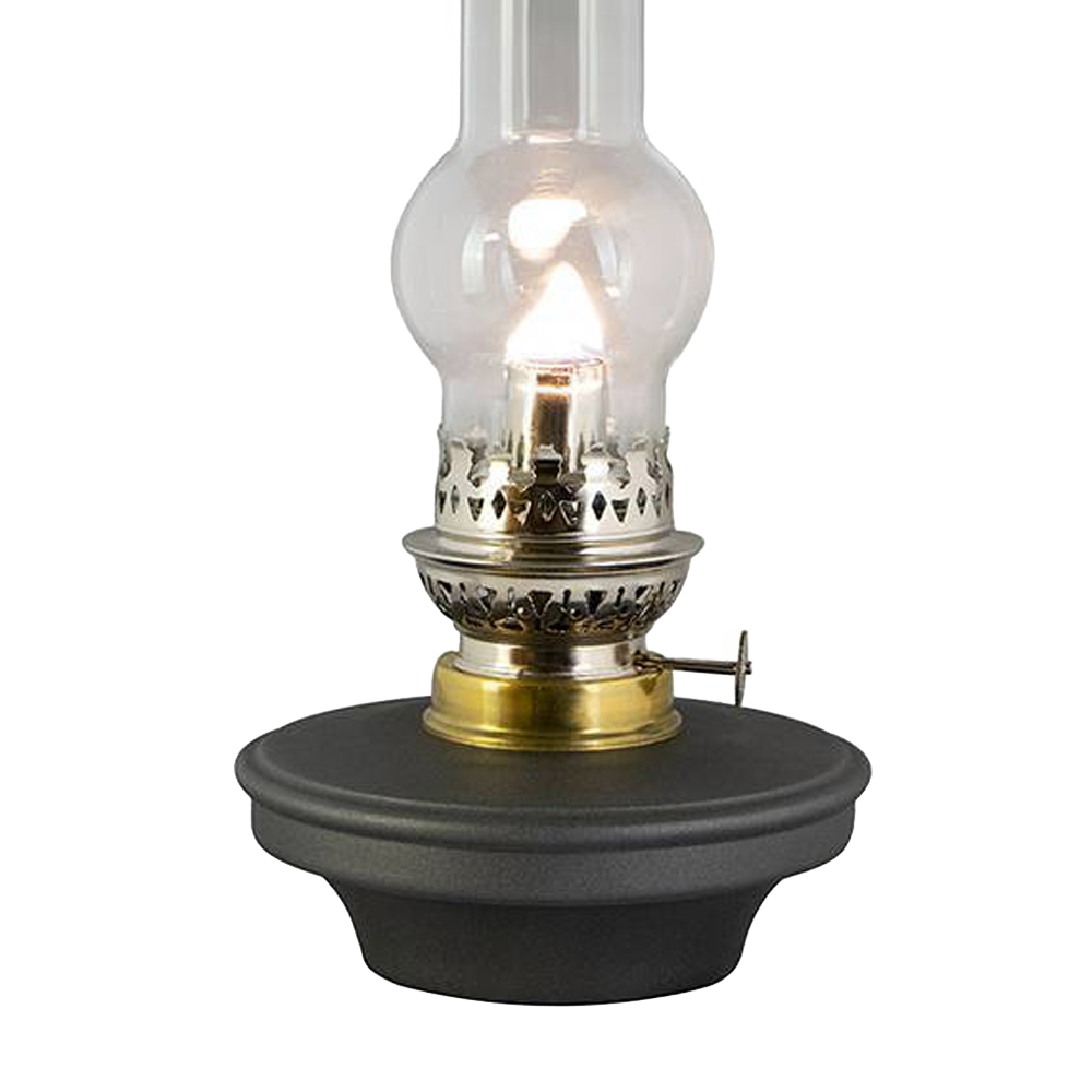 Handcrafted oil lamp with a bright flame, featuring a black base and clear glass chimney, designed for farm, garden, emergency supplies, and table lighting in lamps and lighting collections.